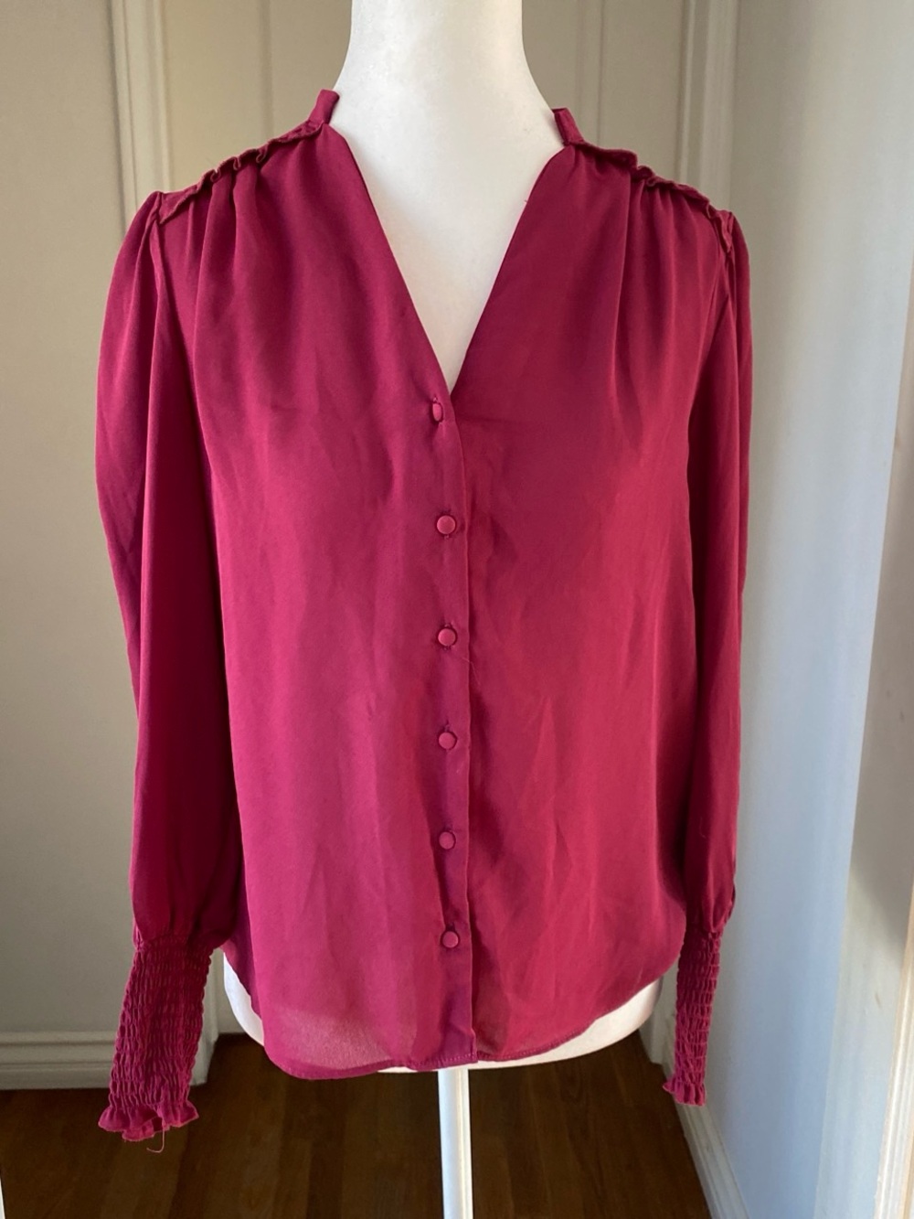 Nanette Lepore Raspberry V-Neck Button Blouse